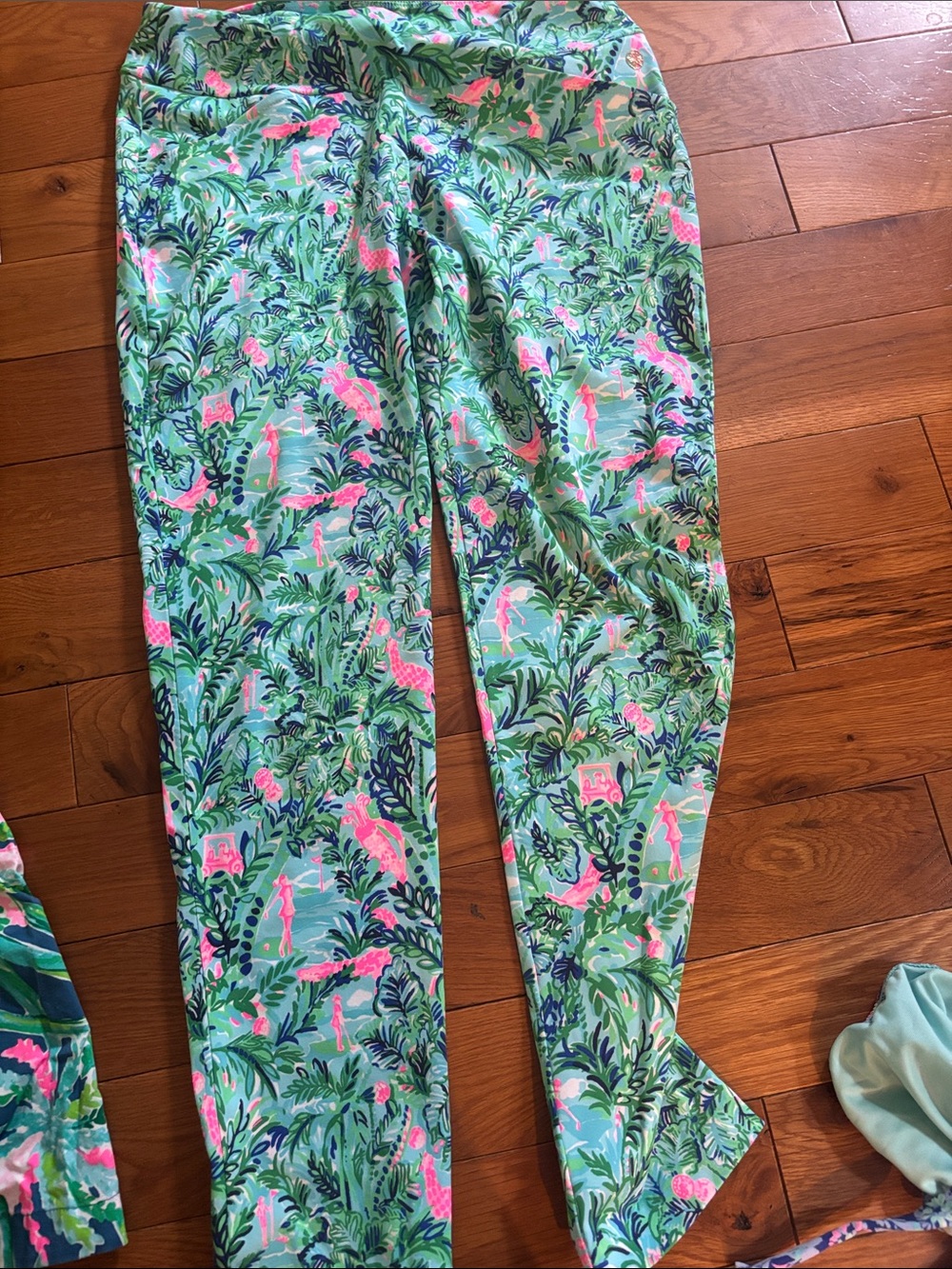 Lilly Pulitzer Green Tropical Print Cropped Pants with Pink Accents